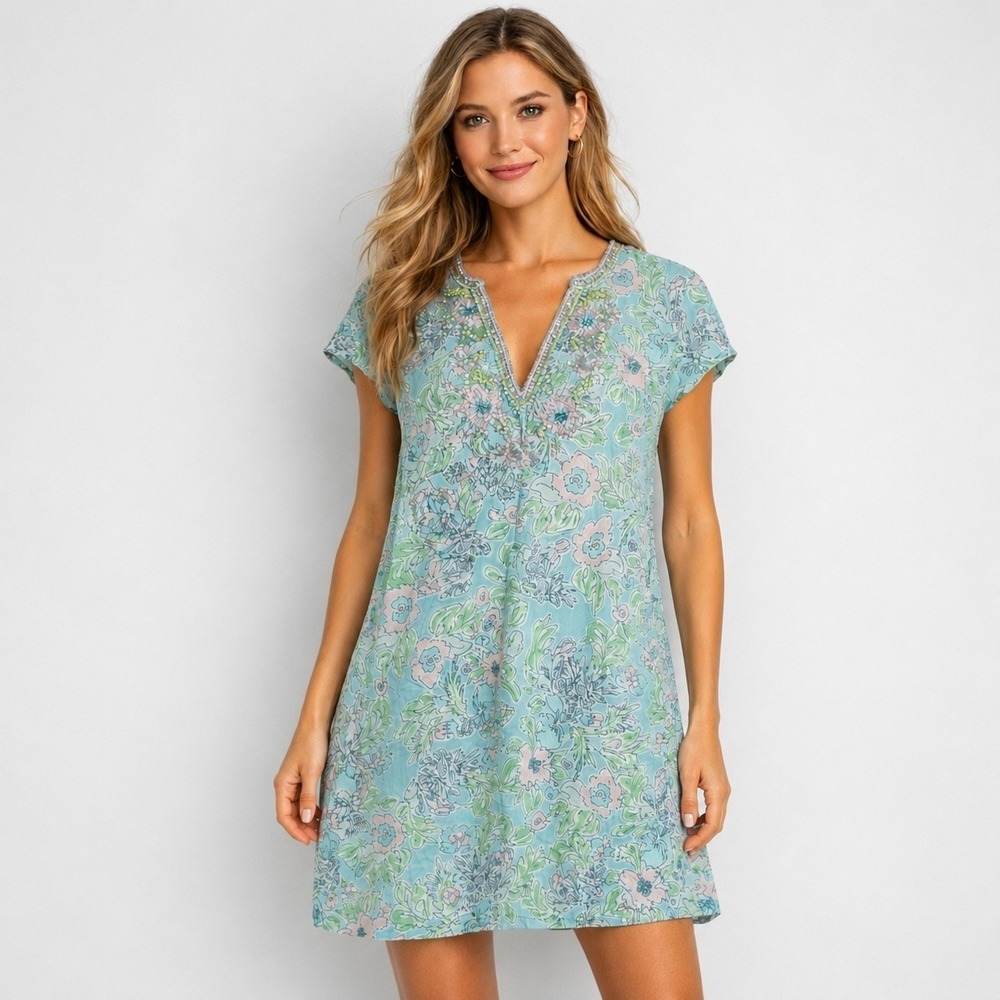 Bella Tu Floral Beaded Cover Up Dress Womens M Blue Pastel Preppy Resortwear